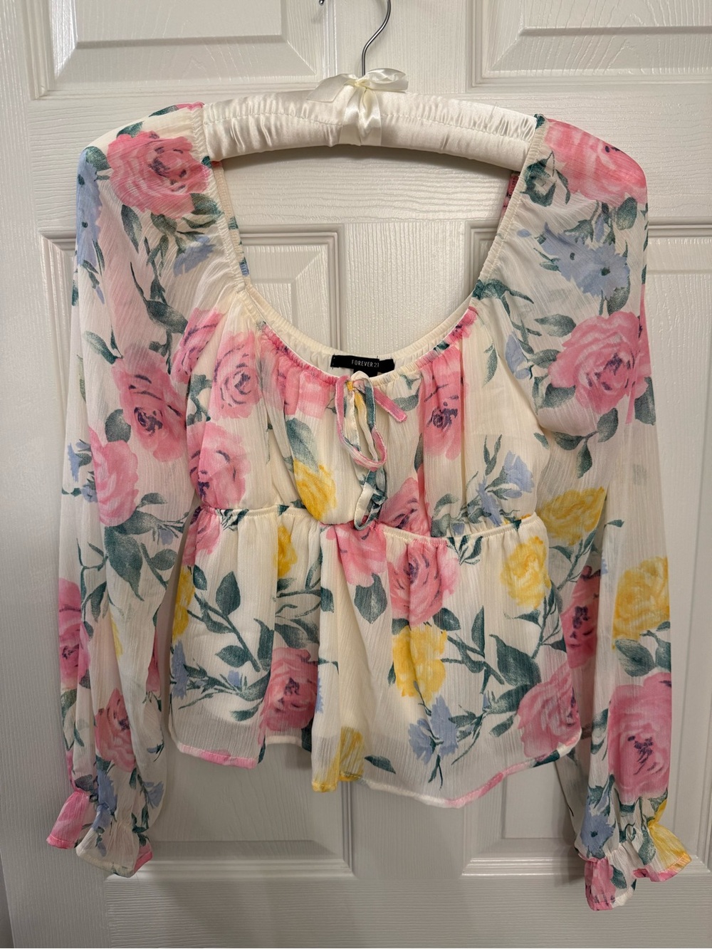 Forever 21 Cream Floral Peasant Blouse with Pink & Yellow Roses